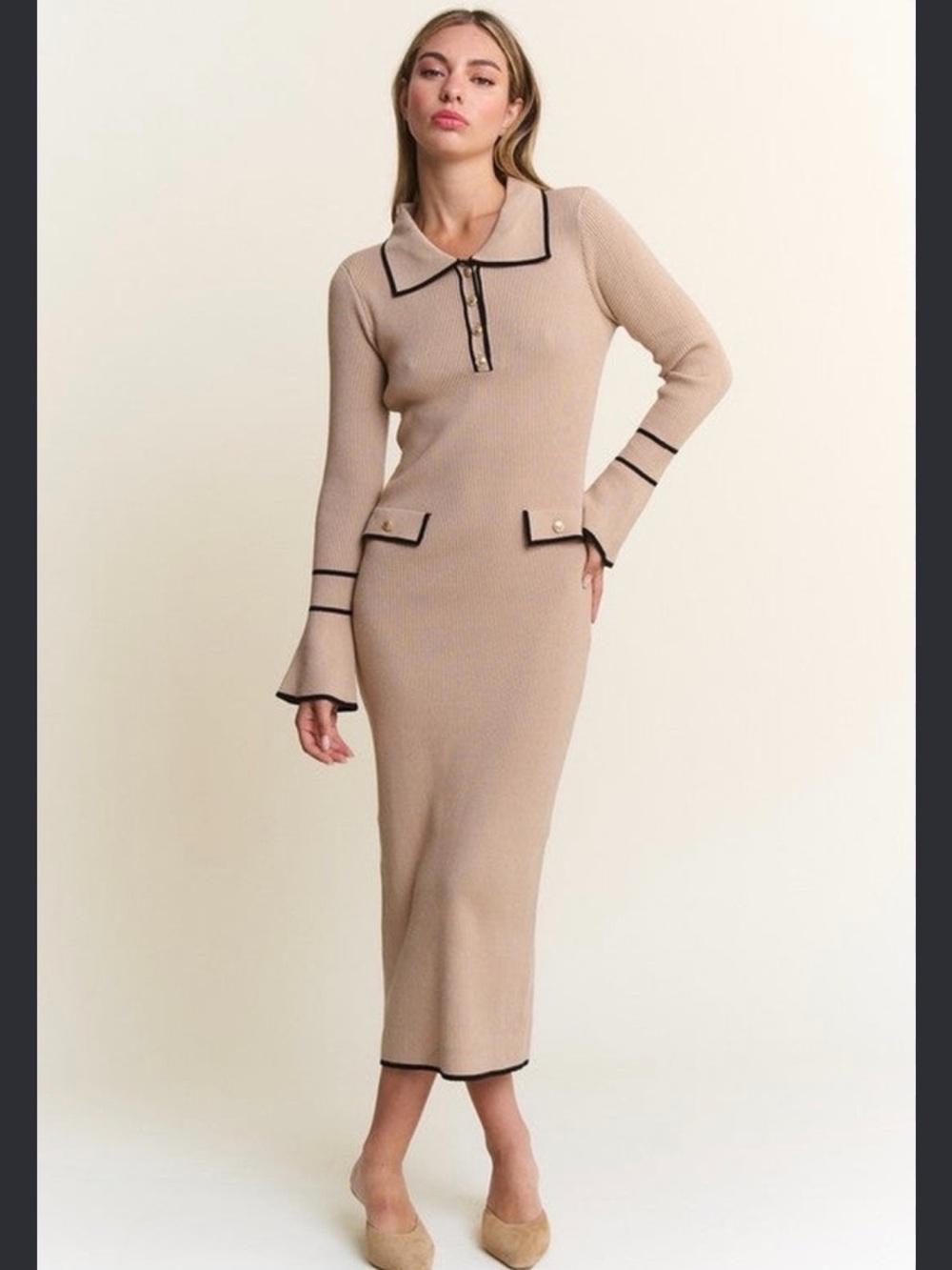 Elegant Beige Knit Midi Dress with Contrast Trim